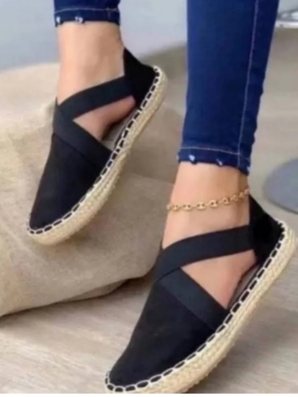 FABIOLAS Anthropologie Black Rounded Toe Summer Espadrille Flats Sandals 9.5